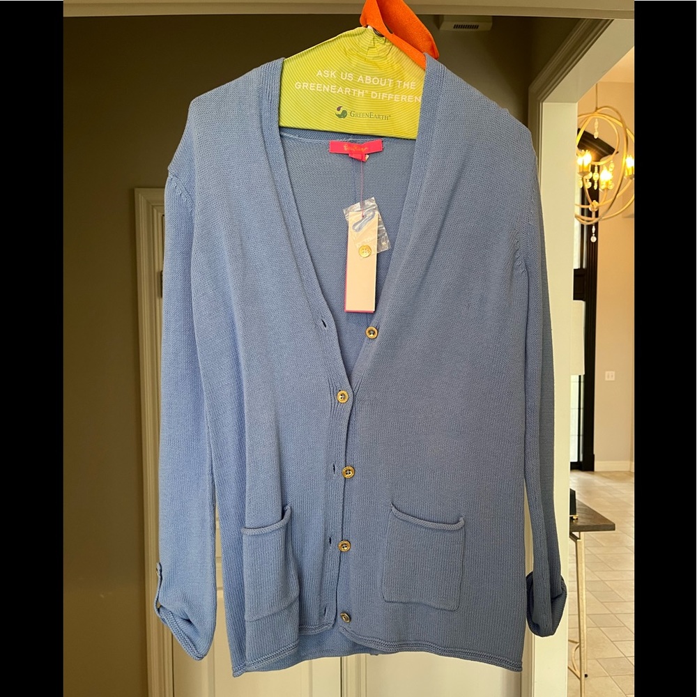 XS blue peri corner cardigan with tags.